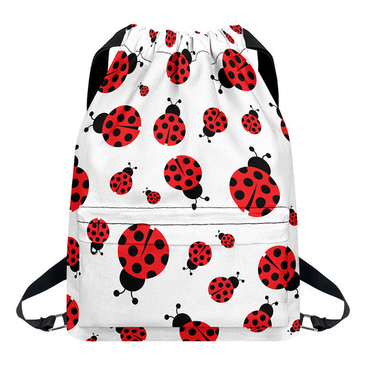 Red Ladybug Pattern Print Drawstring Backpack