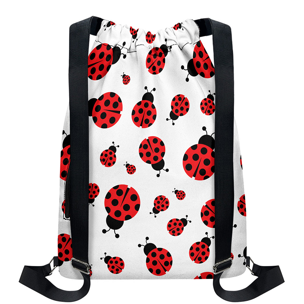 Red Ladybug Pattern Print Drawstring Backpack