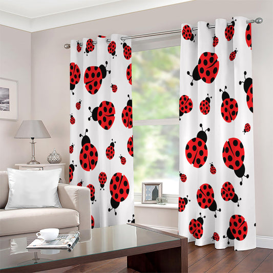 Red Ladybug Pattern Print Extra Wide Grommet Curtains