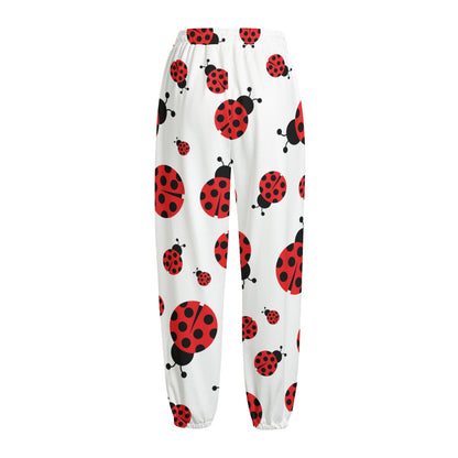 Red Ladybug Pattern Print Fleece Lined Knit Pants