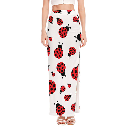 Red Ladybug Pattern Print High Slit Maxi Skirt