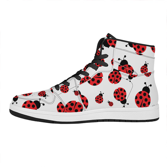 Red Ladybug Pattern Print High Top Leather Sneakers