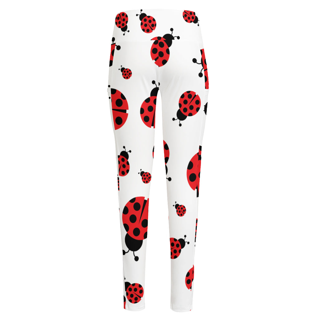 Red Ladybug Pattern Print High-Waisted Pocket Leggings