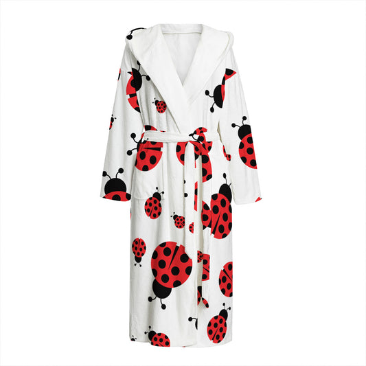 Red Ladybug Pattern Print Hooded Bathrobe