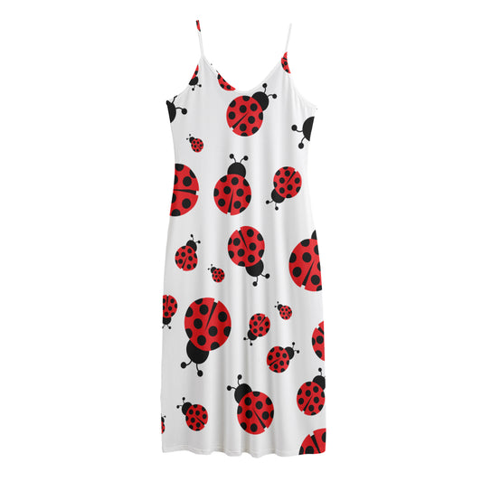 Red Ladybug Pattern Print Jersey Midi Cami Dress