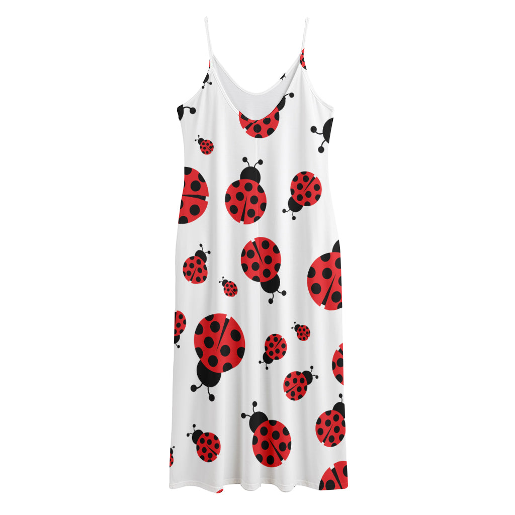 Red Ladybug Pattern Print Jersey Midi Cami Dress