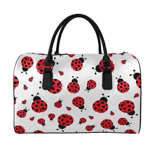 Red Ladybug Pattern Print Leather Duffle Bag