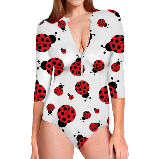 Red Ladybug Pattern Print Long Sleeve Swimsuit