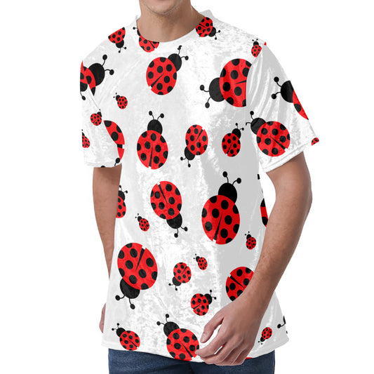 Red Ladybug Pattern Print Men's Velvet T-Shirt