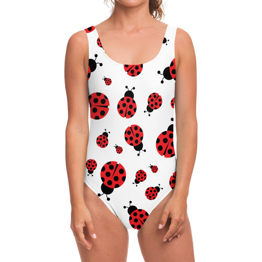 Red Ladybug Pattern Print One Piece Swimsuit