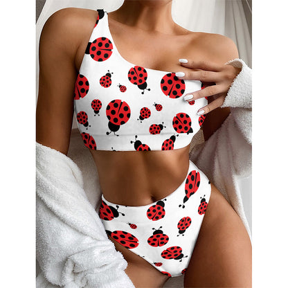 Red Ladybug Pattern Print One Shoulder Bikini Top
