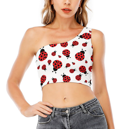 Red Ladybug Pattern Print One Shoulder Crop Top