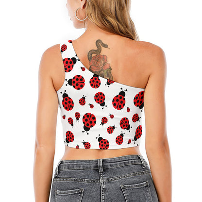 Red Ladybug Pattern Print One Shoulder Crop Top
