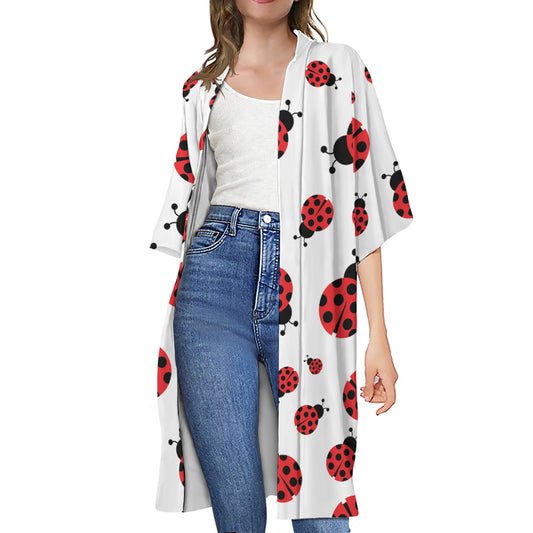 Red Ladybug Pattern Print Open Front Beach Cover Up
