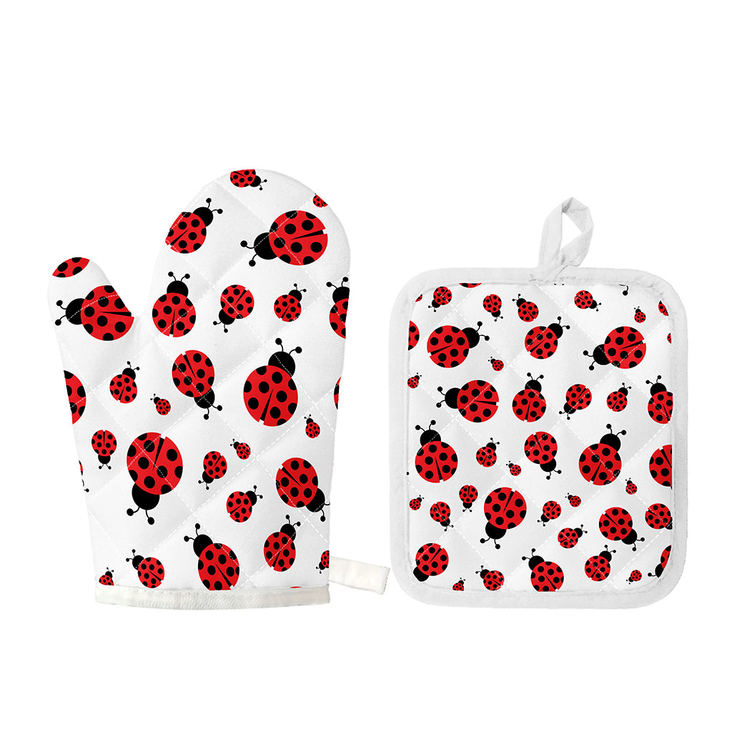 Red Ladybug Pattern Print Oven Mitt And Pot Holder Set
