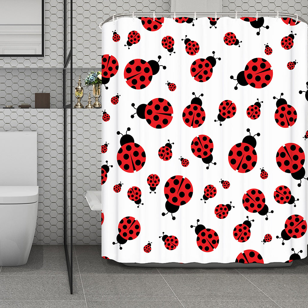 Red Ladybug Pattern Print Polyester Shower Curtain