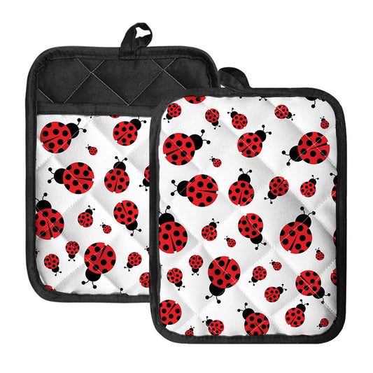 Red Ladybug Pattern Print Pot Holders With Pocket