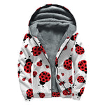 Red Ladybug Pattern Print Sherpa Lined Zip Up Hoodie