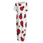 Red Ladybug Pattern Print Short Sleeve Long Nightdress
