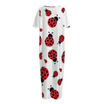 Red Ladybug Pattern Print Short Sleeve Long Nightdress