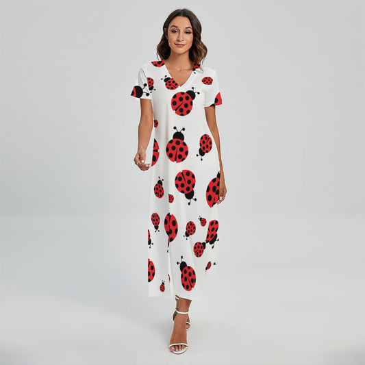 Red Ladybug Pattern Print Short Sleeve Maxi Dress