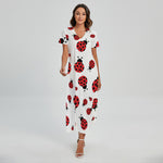 Red Ladybug Pattern Print Short Sleeve Maxi Dress