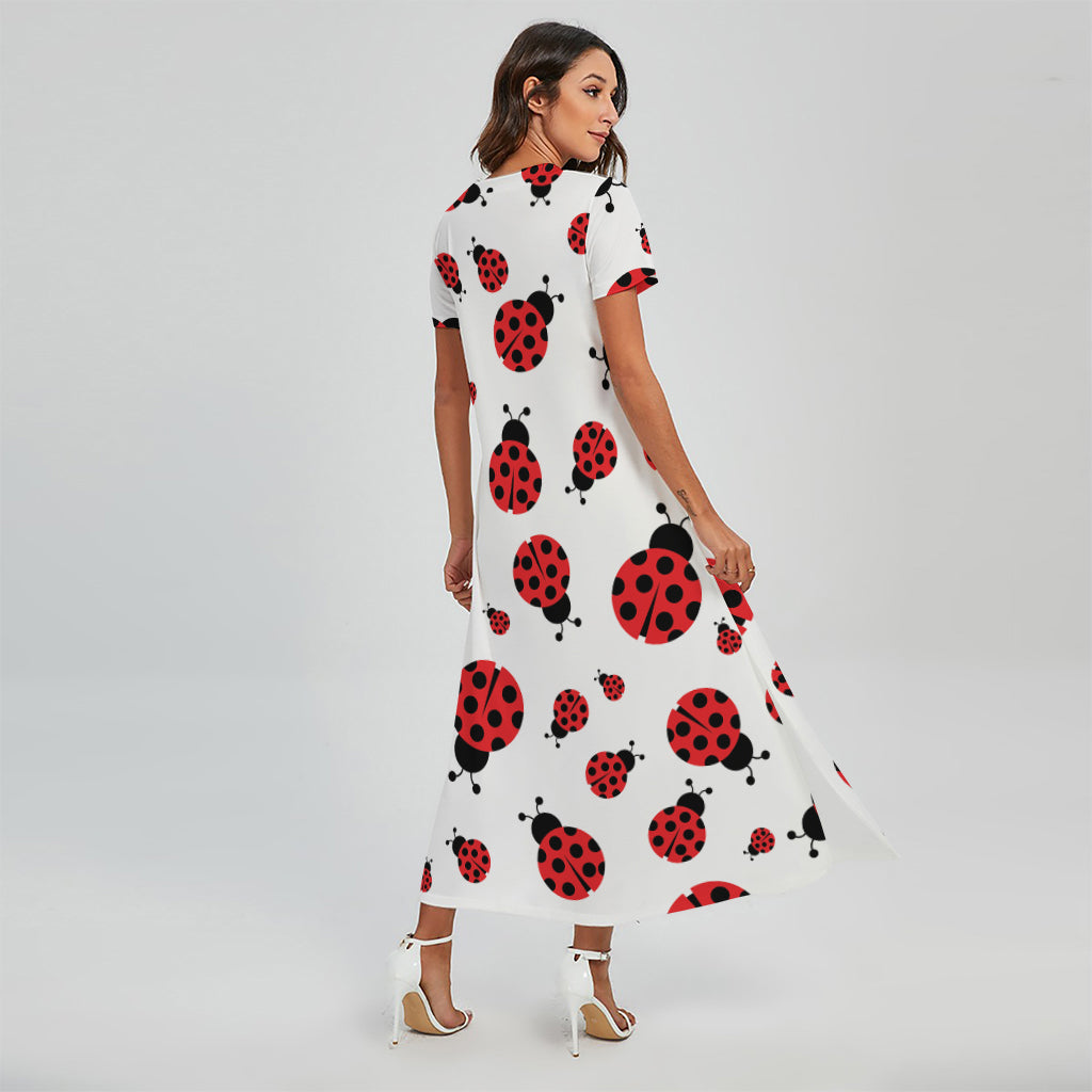 Red Ladybug Pattern Print Short Sleeve Maxi Dress