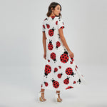 Red Ladybug Pattern Print Short Sleeve Maxi Dress