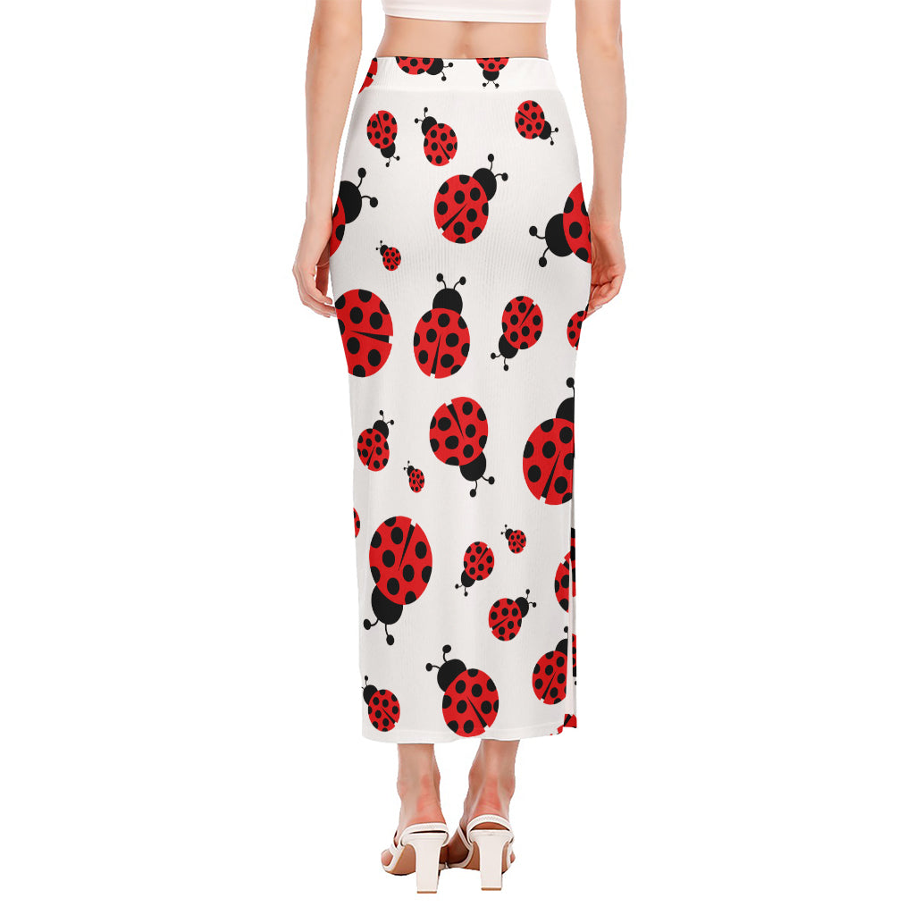 Red Ladybug Pattern Print Side Slit Maxi Skirt