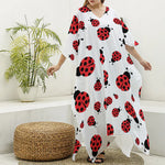 Red Ladybug Pattern Print Silk V-Neck Kaftan Dress