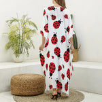 Red Ladybug Pattern Print Silk V-Neck Kaftan Dress