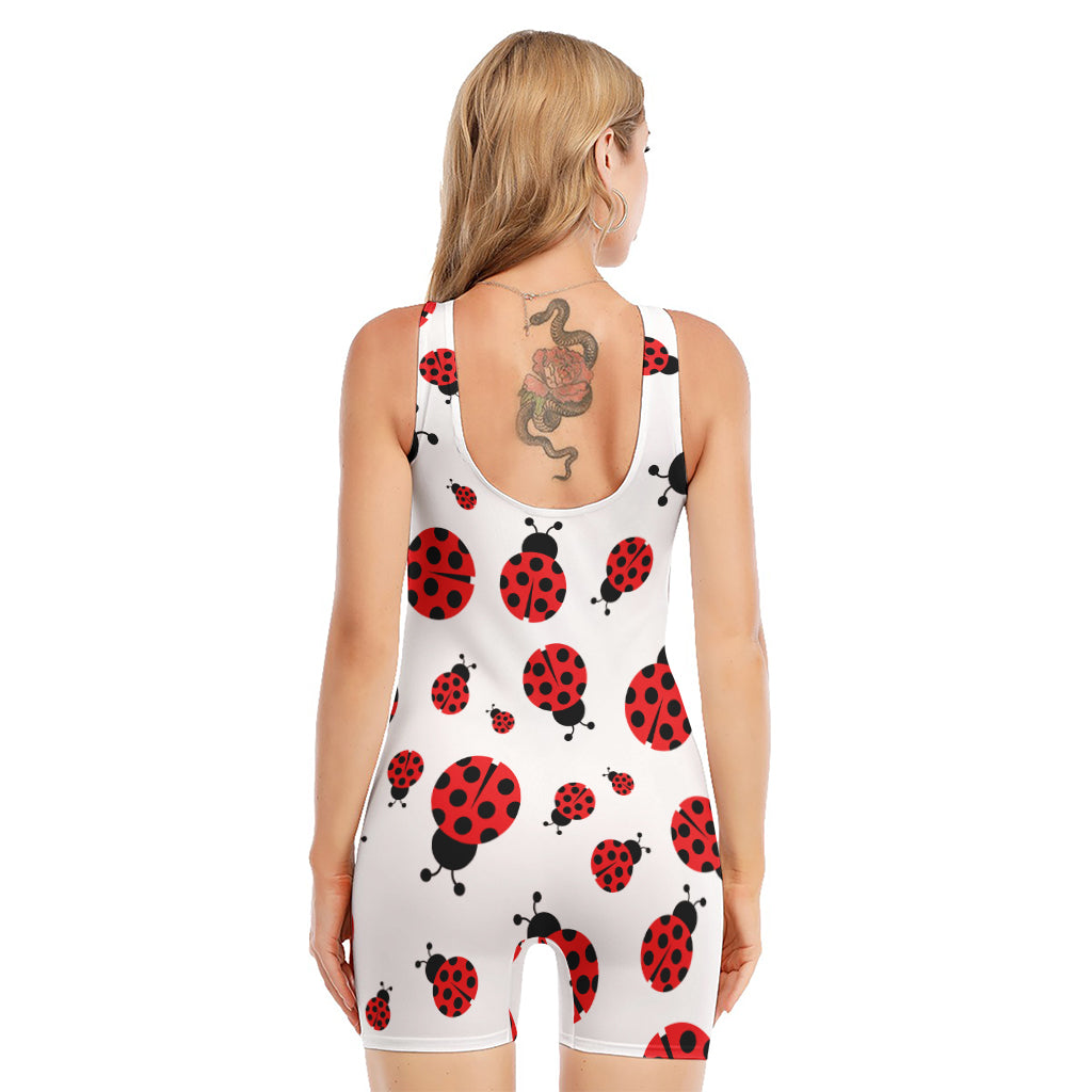 Red Ladybug Pattern Print Sleeveless One Piece Swimsuit