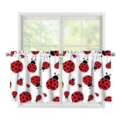 Red Ladybug Pattern Print Tier Curtains
