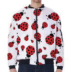 Red Ladybug Pattern Print Zip Sleeve Bomber Jacket