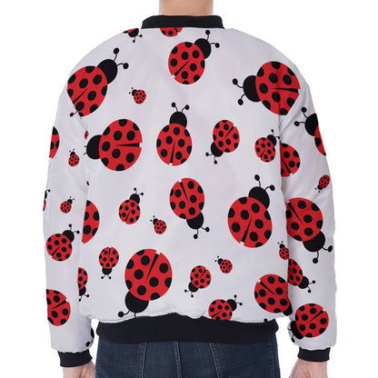 Red Ladybug Pattern Print Zip Sleeve Bomber Jacket
