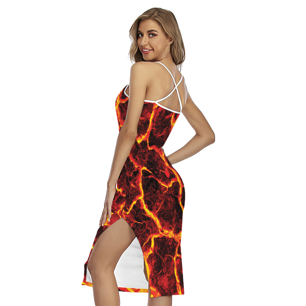 Red Lava Print Cross Back Cami Dress