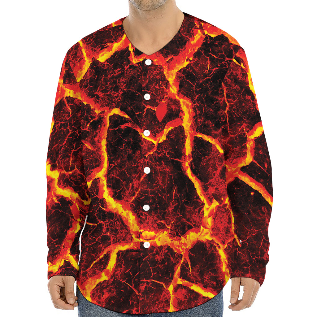 Red Lava Print Long Sleeve Baseball Jersey