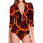 Red Lava Print Long Sleeve Swimsuit