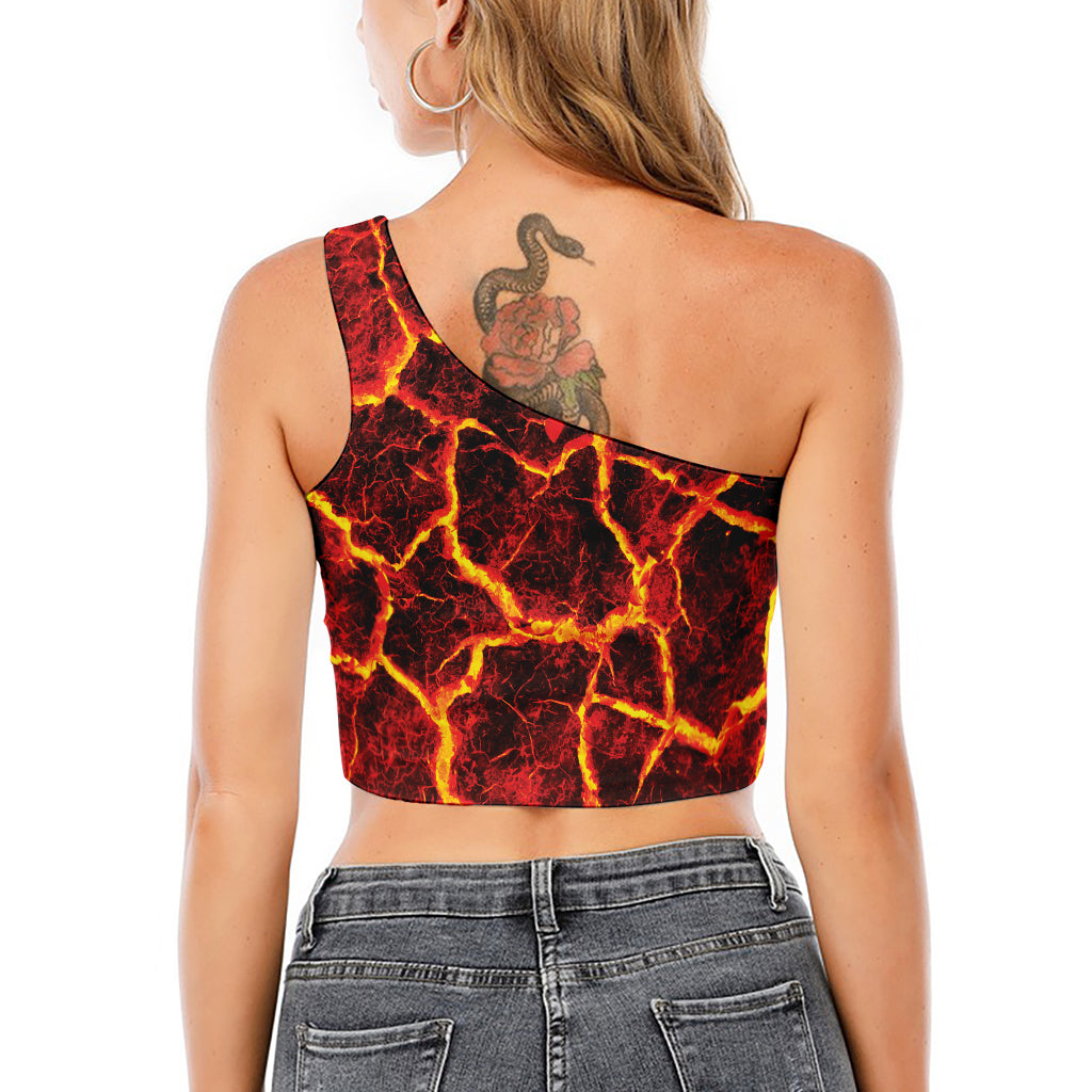 Red Lava Print One Shoulder Crop Top