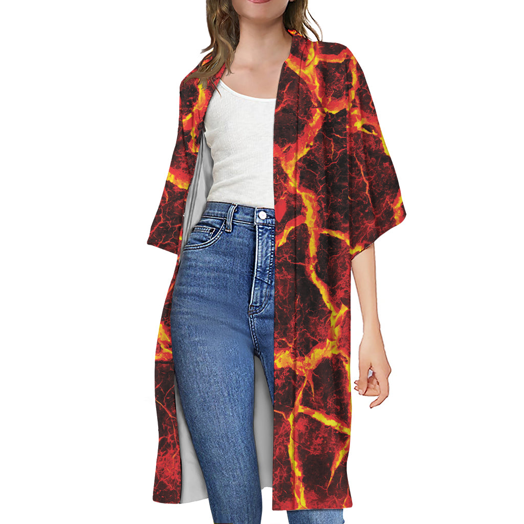 Red Lava Print Open Front Beach Cover Up