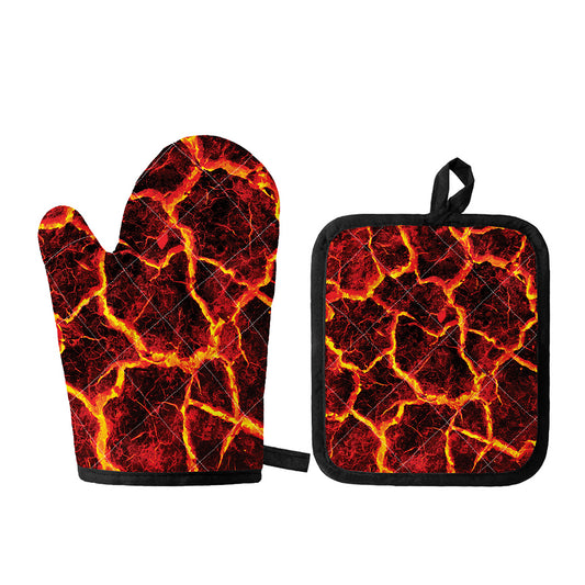 Red Lava Print Oven Mitt And Pot Holder Set