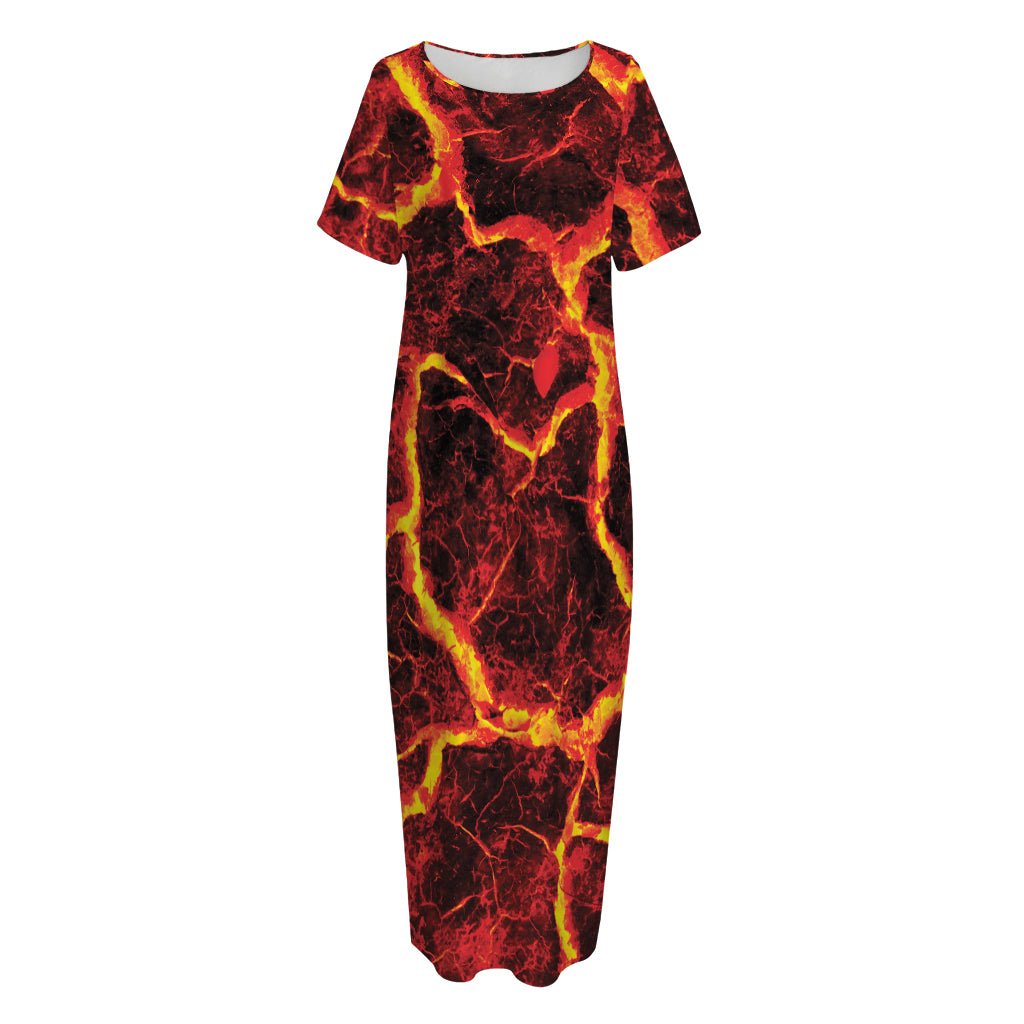 Red Lava Print Short Sleeve Long Nightdress