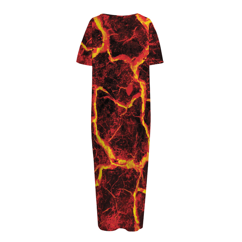 Red Lava Print Short Sleeve Long Nightdress