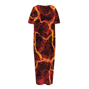 Red Lava Print Short Sleeve Long Nightdress