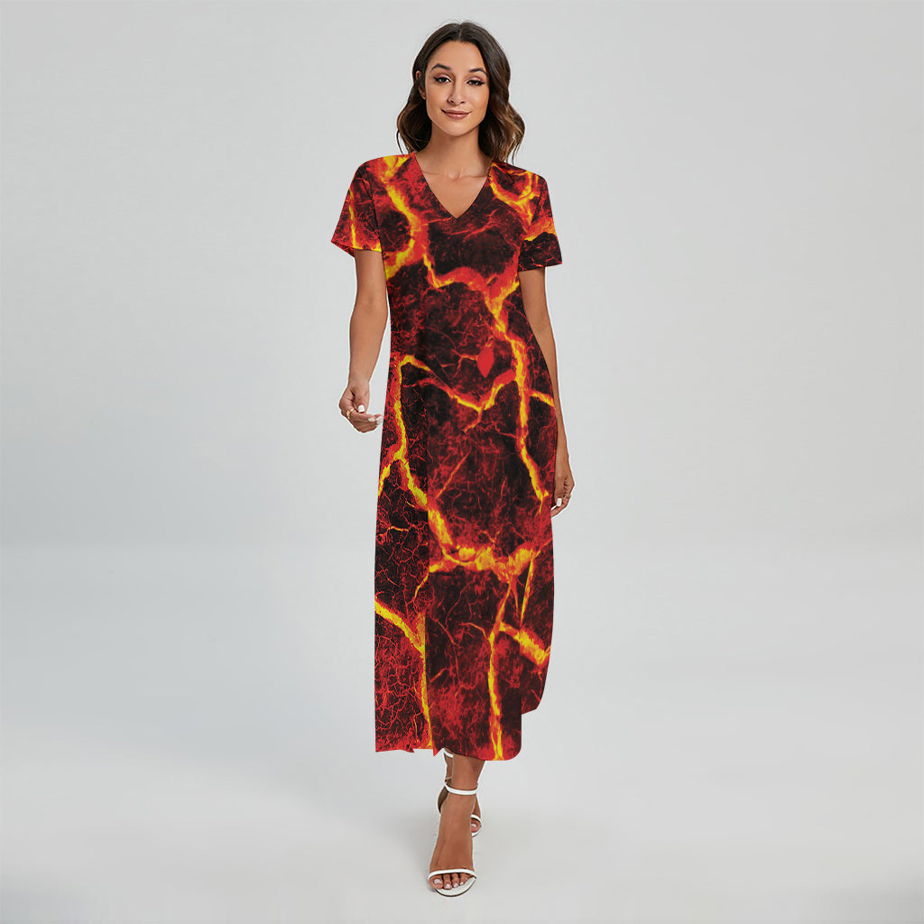 Red Lava Print Short Sleeve Maxi Dress