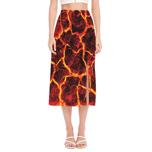 Red Lava Print Side Slit Midi Skirt