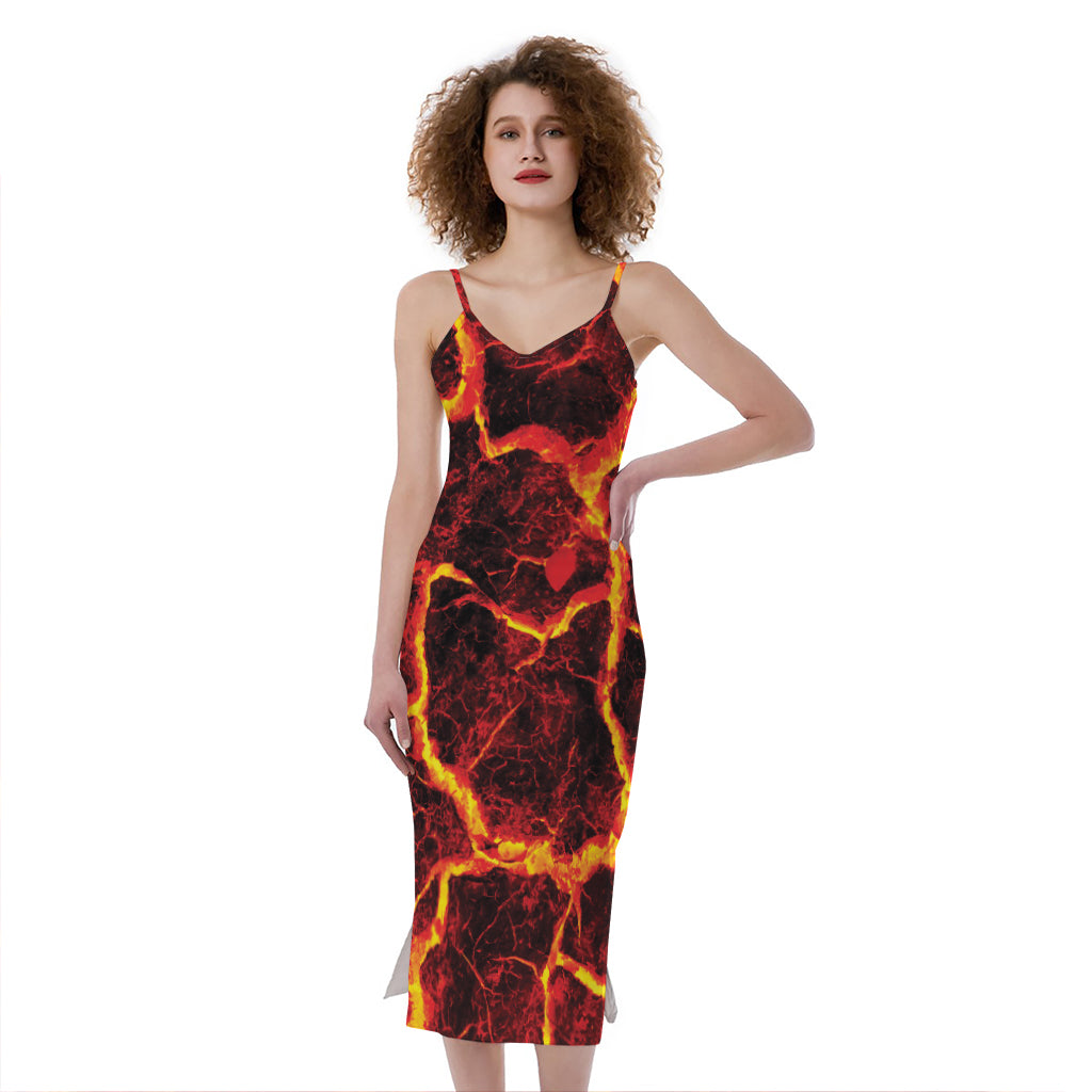 Red Lava Print Slim Fit Midi Cami Dress