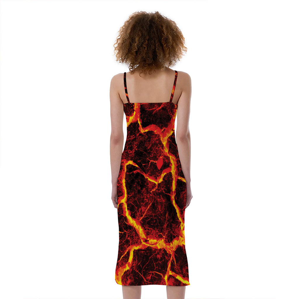 Red Lava Print Slim Fit Midi Cami Dress