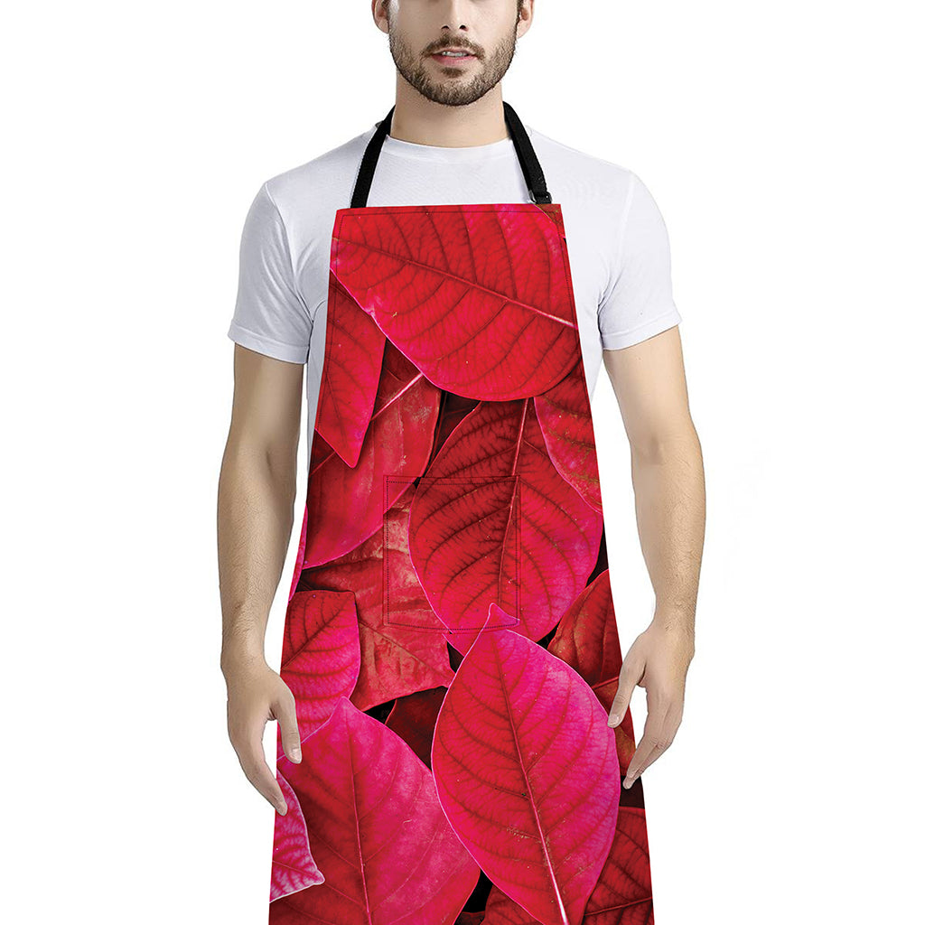 Red Leaf Print Bib Apron With Pocket
