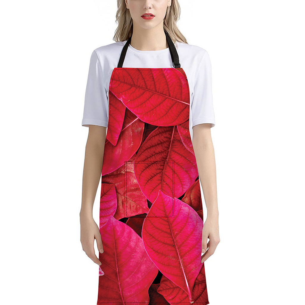 Red Leaf Print Bib Apron With Pocket